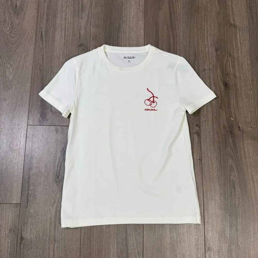 J.Crew T-Shirt WMNS XS White Red Cherry Embroidered Cerise Chérie Minimalist